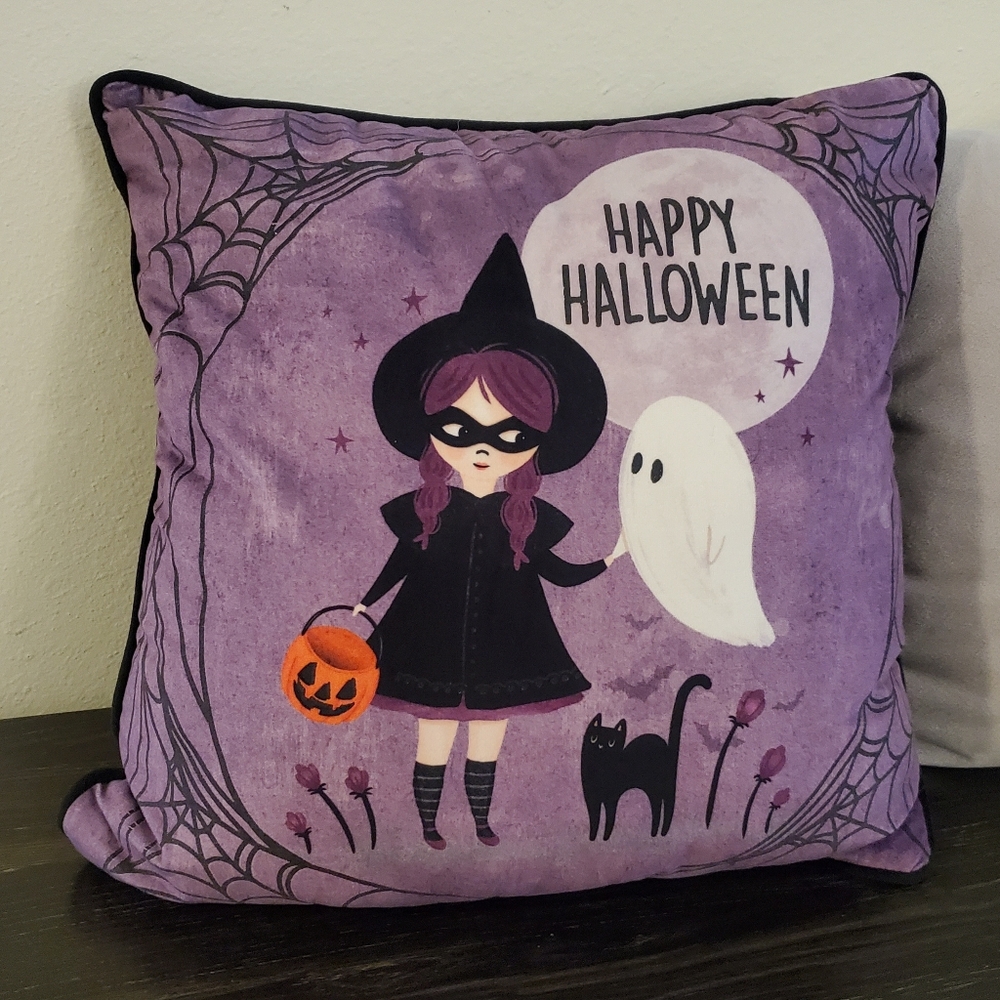 Happy Halloween Witch Girl Ghost & Black Cat 12x12inch Decorative Pillow